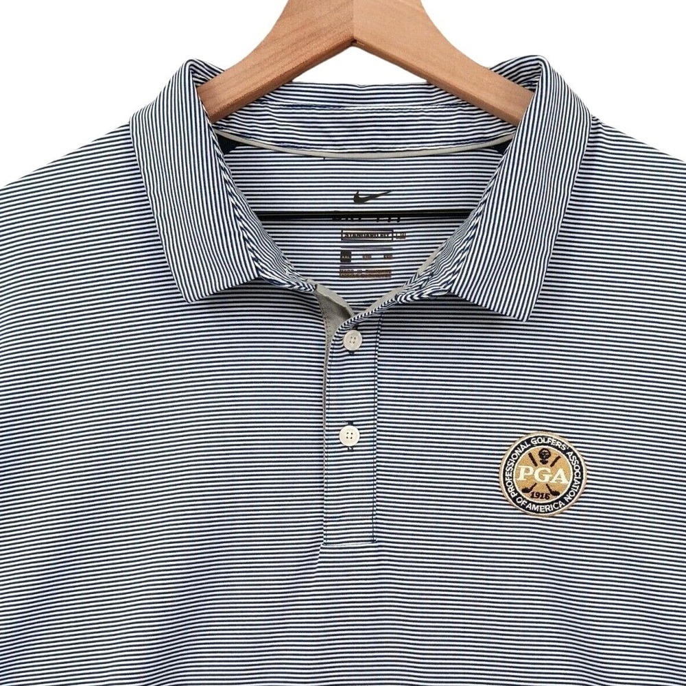 Nike Polo Shirt Mens XXL Blue White Striped PGA Logo Dri-Fit Golfing Activewear